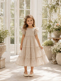 Ivory Chiffon A-Line Flower Girl Dress with Cap Short Sleeve, jewel Neckline, and Knee length Skirt with Ruffled Texture fron