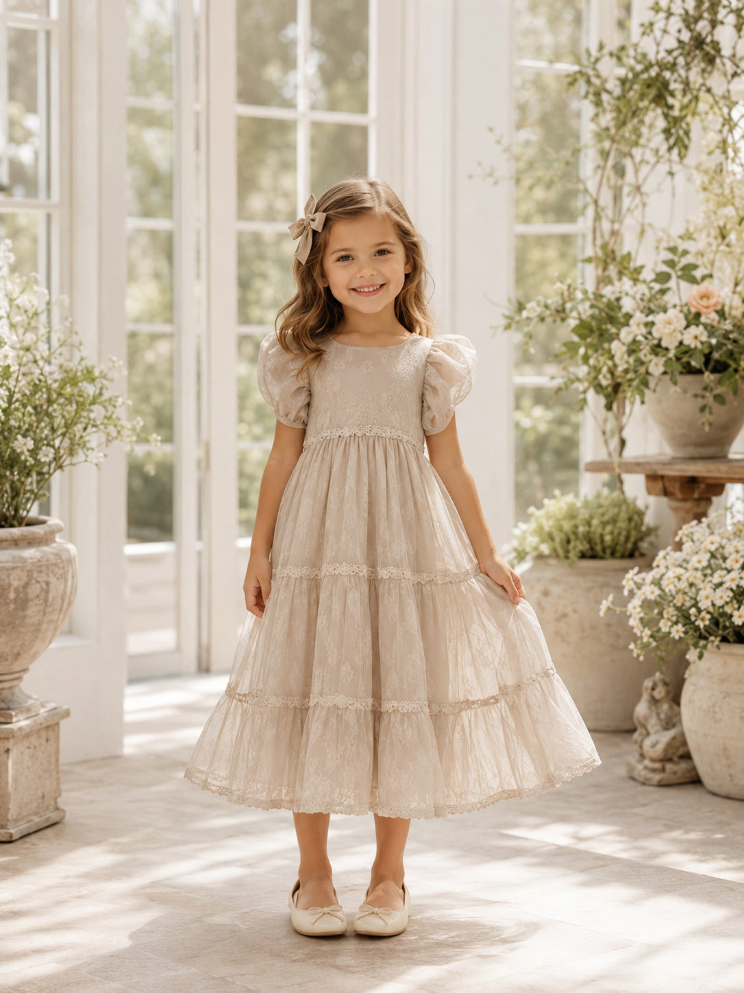 Ivory Chiffon A-Line Flower Girl Dress with Cap Short Sleeve, jewel Neckline, and Knee length Skirt with Ruffled Texture fron