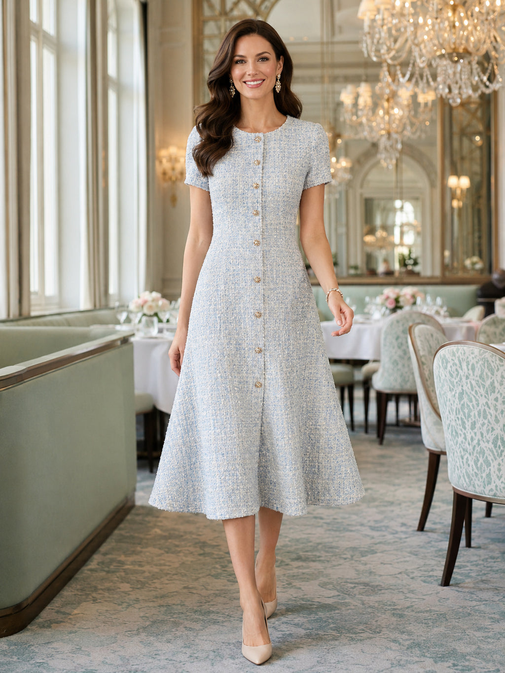 Pale blue tweed button front A-line luncheon midi dress front view