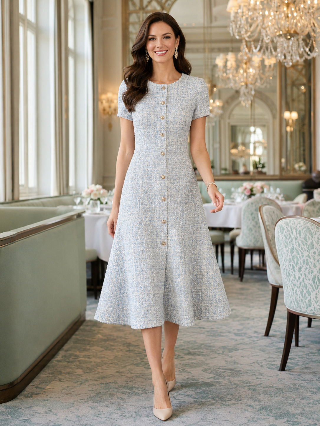 Pale blue tweed button front A-line luncheon midi dress front view