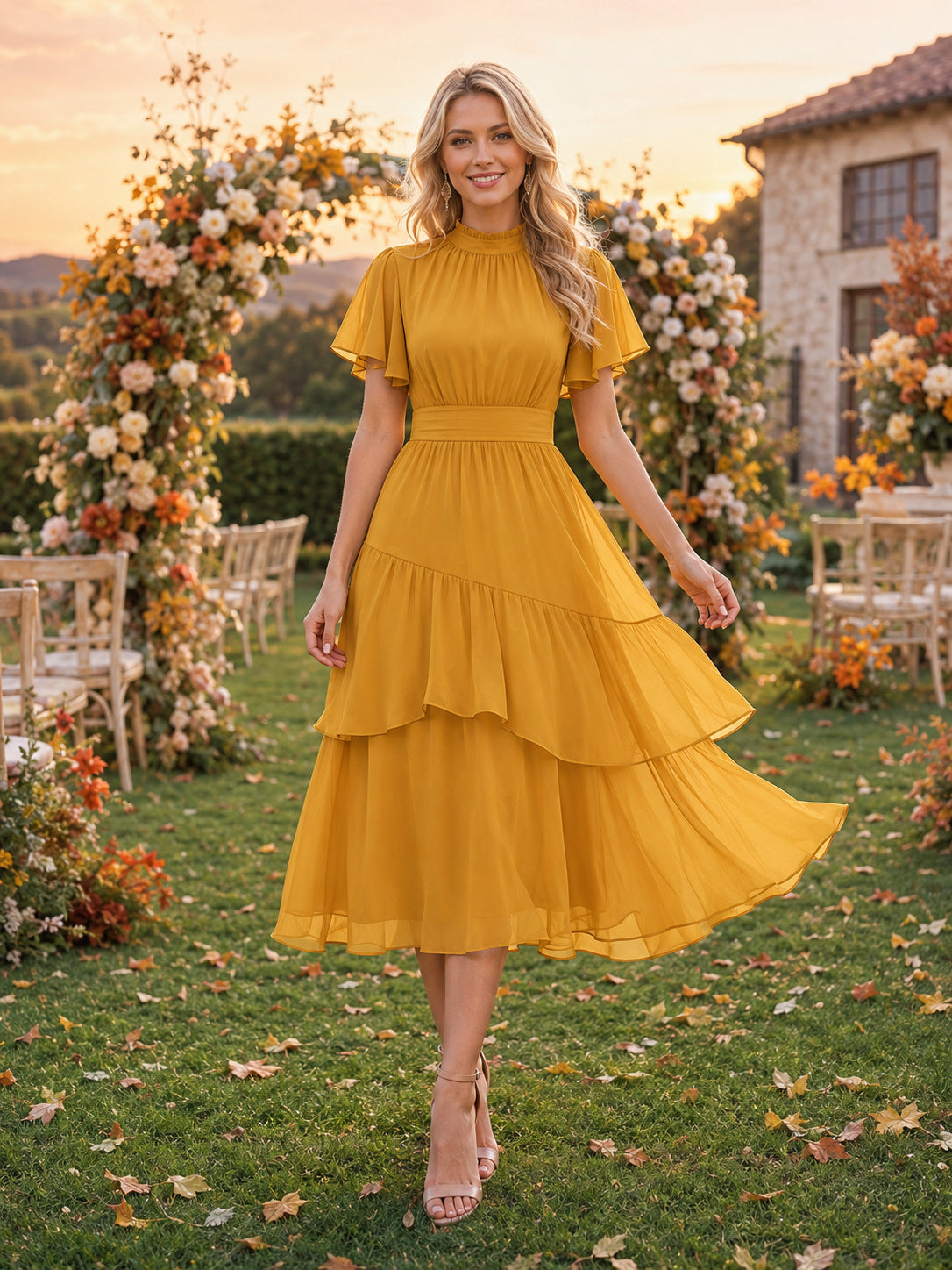 Gold High Neck Flutter Tiered Chiffon Midi Guest Dress front view