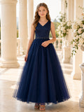 A-Line Dark Navy Tulle Flower Girl Dress V-neck Neckline Floor-length and Delicate Floral Detail front view
