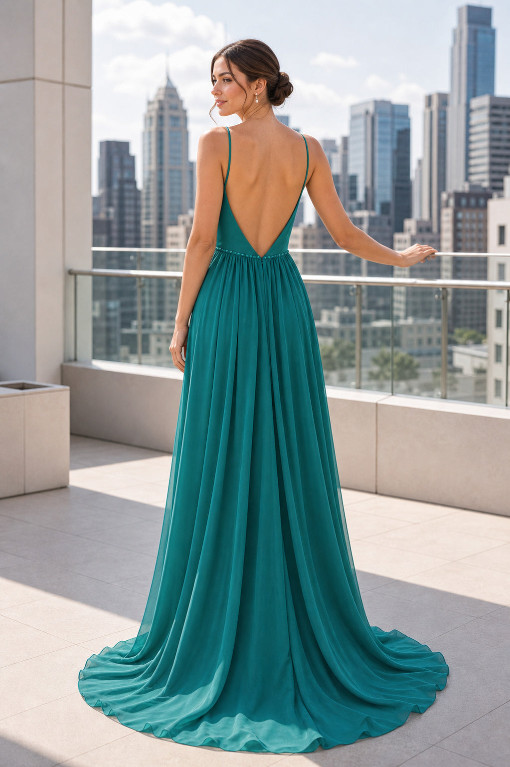 Teal V-neck A-Line Chiffon Floor-length Formal Dress With Pleats and Train and Open Back