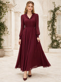 Burgundy Notched Neck Poet Sleeve Chiffon Midi Guest Dress front view