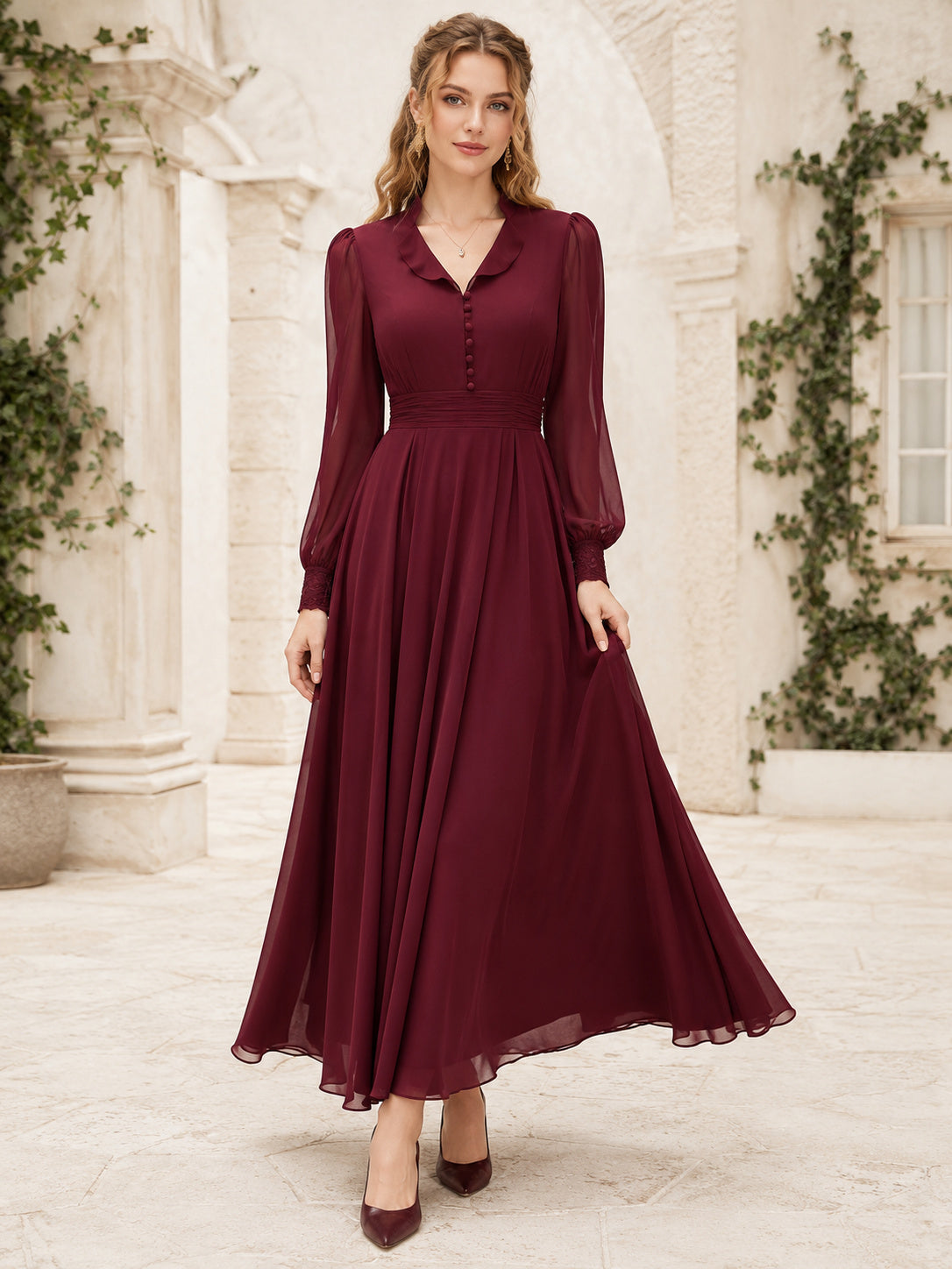 Burgundy Notched Neck Poet Sleeve Chiffon Midi Guest Dress front view