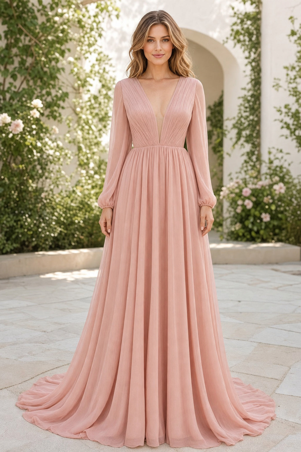 Blush Bateau Long Sleeve A-Line Chiffon Floor-Length Dress With V-back