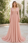 Blush Bateau Long Sleeve A-Line Chiffon Floor-Length Dress With V-back