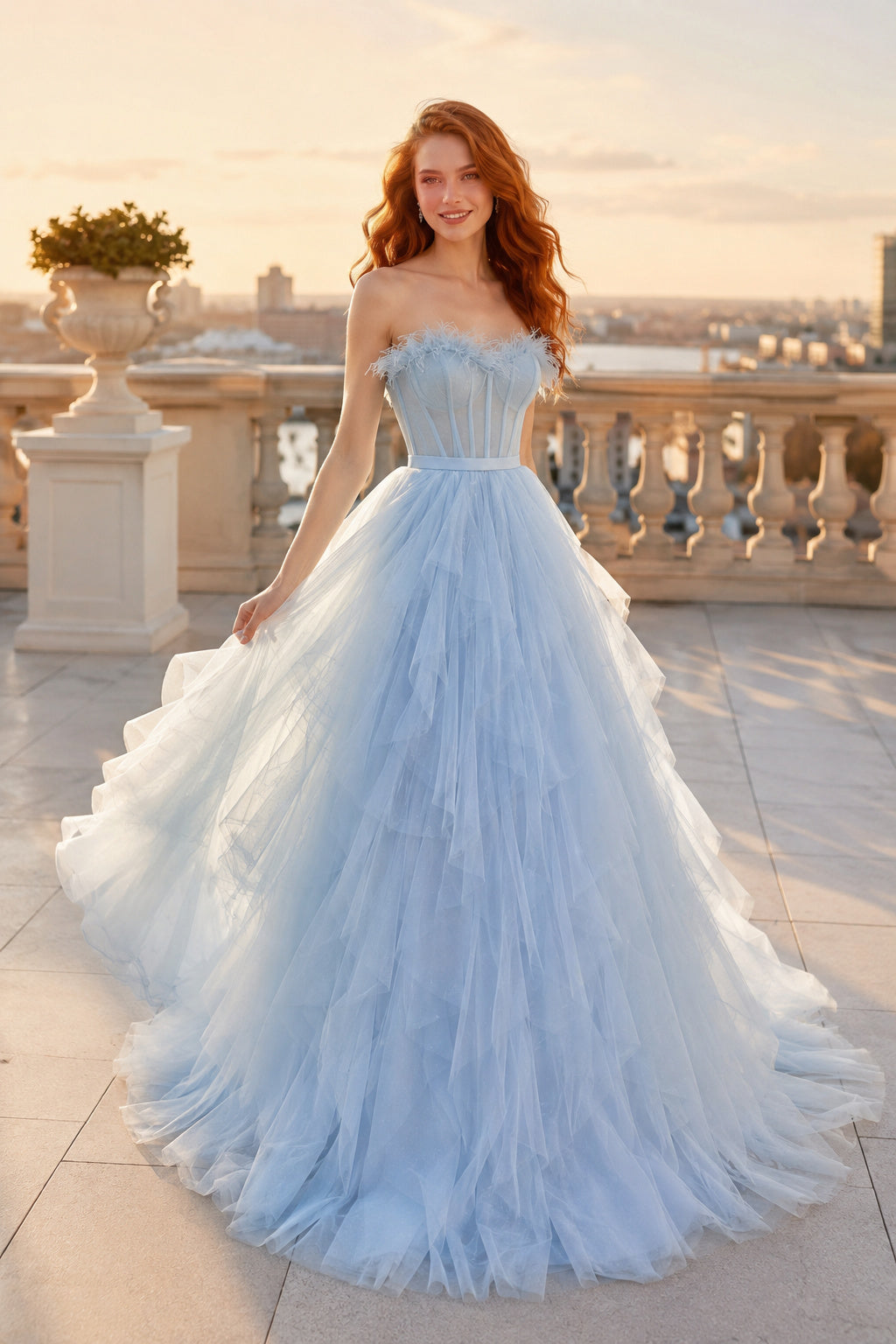 Sky Blue Strapless Tulle Ball Gown with Corset Bodice and Feather Trim for Prom Events front view