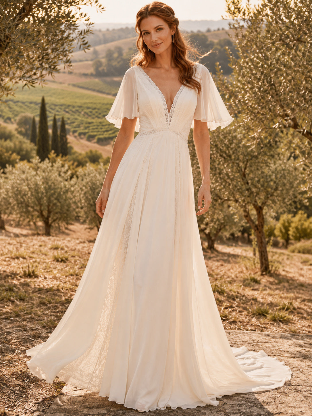 Romantic Deep V Flutter Sleeve Chiffon A-Line Beach Destination Wedding Dress front view