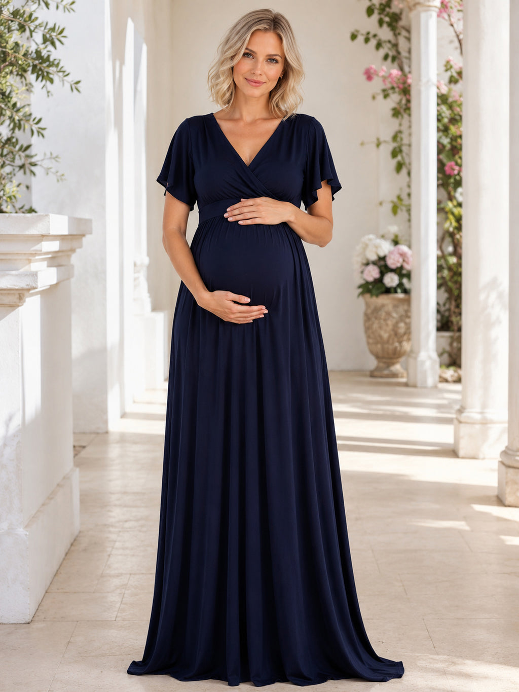 Dark Navy Nursing Friendly Maternity Wrap V-Neck Flutter Sleeve Jersey Maxi Dress front view