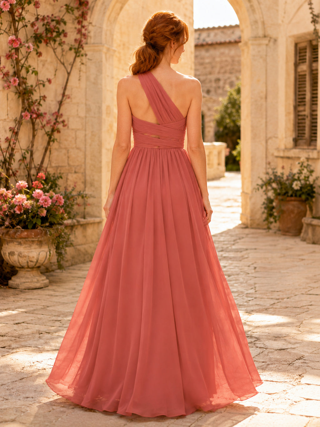 Coral convertible one shoulder chiffon floor length bridesmaid dress back view