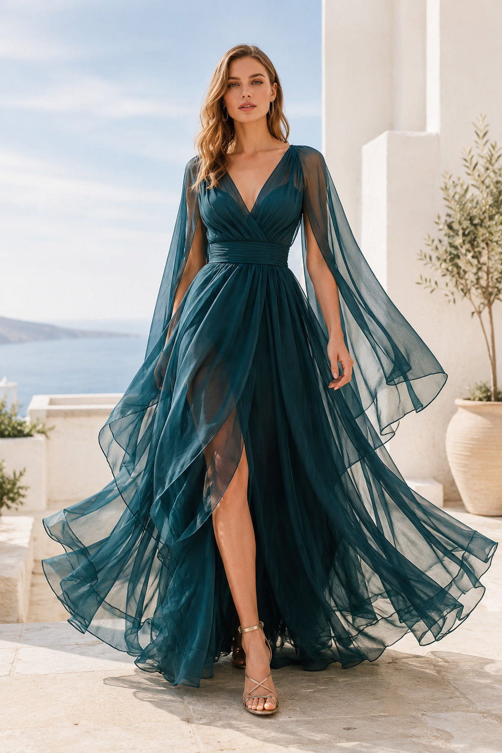 Evening Gown Peacock Tulle A-Line V-Neck Long Sleeve with Slit Floor Length front view