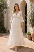 White V-neck Long Sleeves A-Line Lace Tea-length Dress With Lace and Tiered Skirt and Open Back