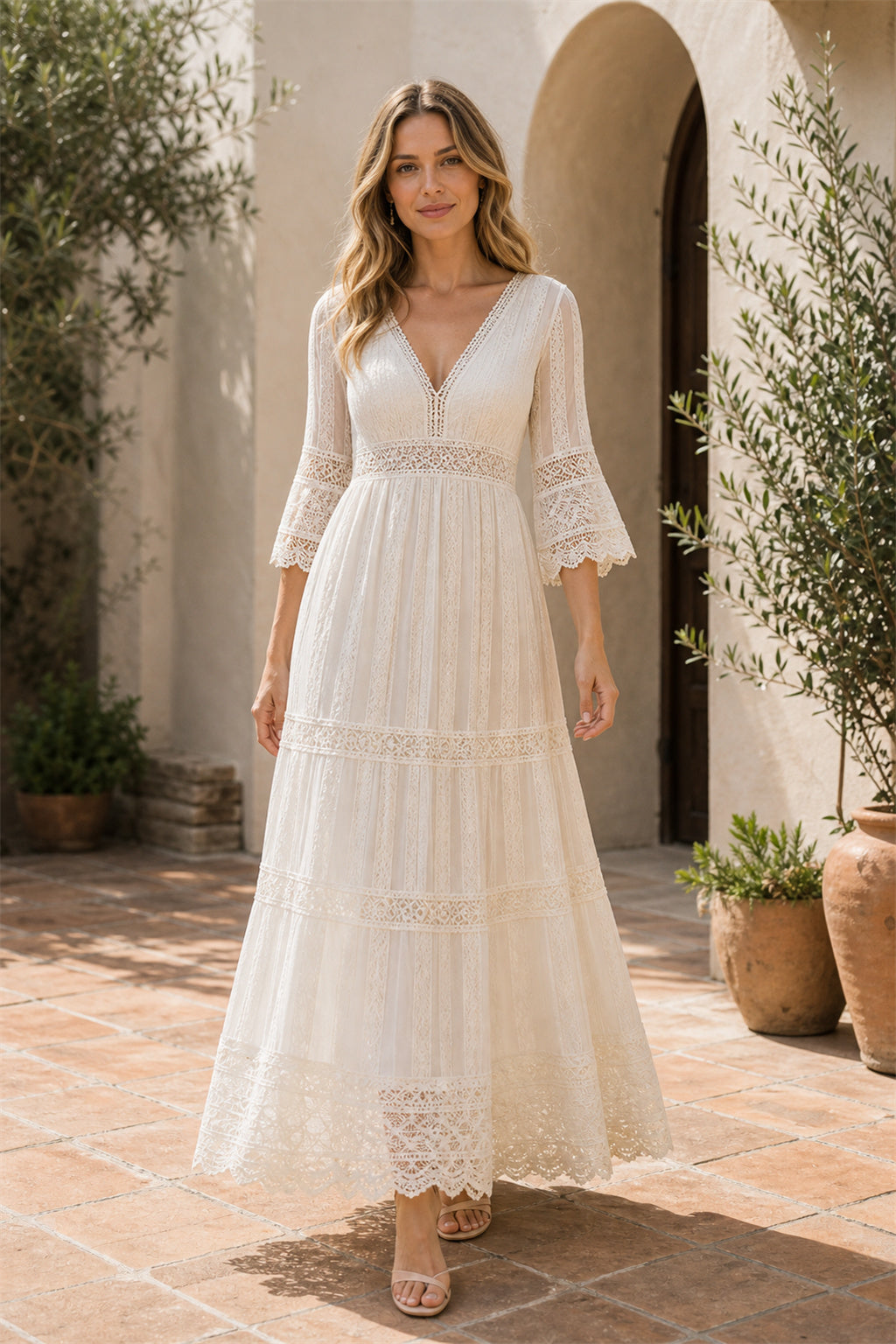 White V-neck Long Sleeves A-Line Lace Tea-length Dress With Lace and Tiered Skirt and Open Back