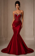 Dark Red Satin Mermaid Prom Dress with Sweetheart Corset Bodice and Crystal Trim front view