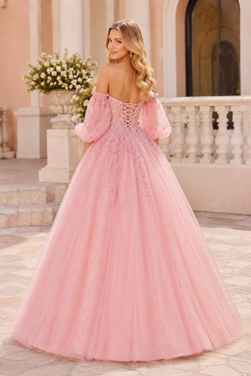 Pearl Pink Off-the-Shoulder Tulle Ball Gown Prom Dress with Puff Sleeves and Appliques back view