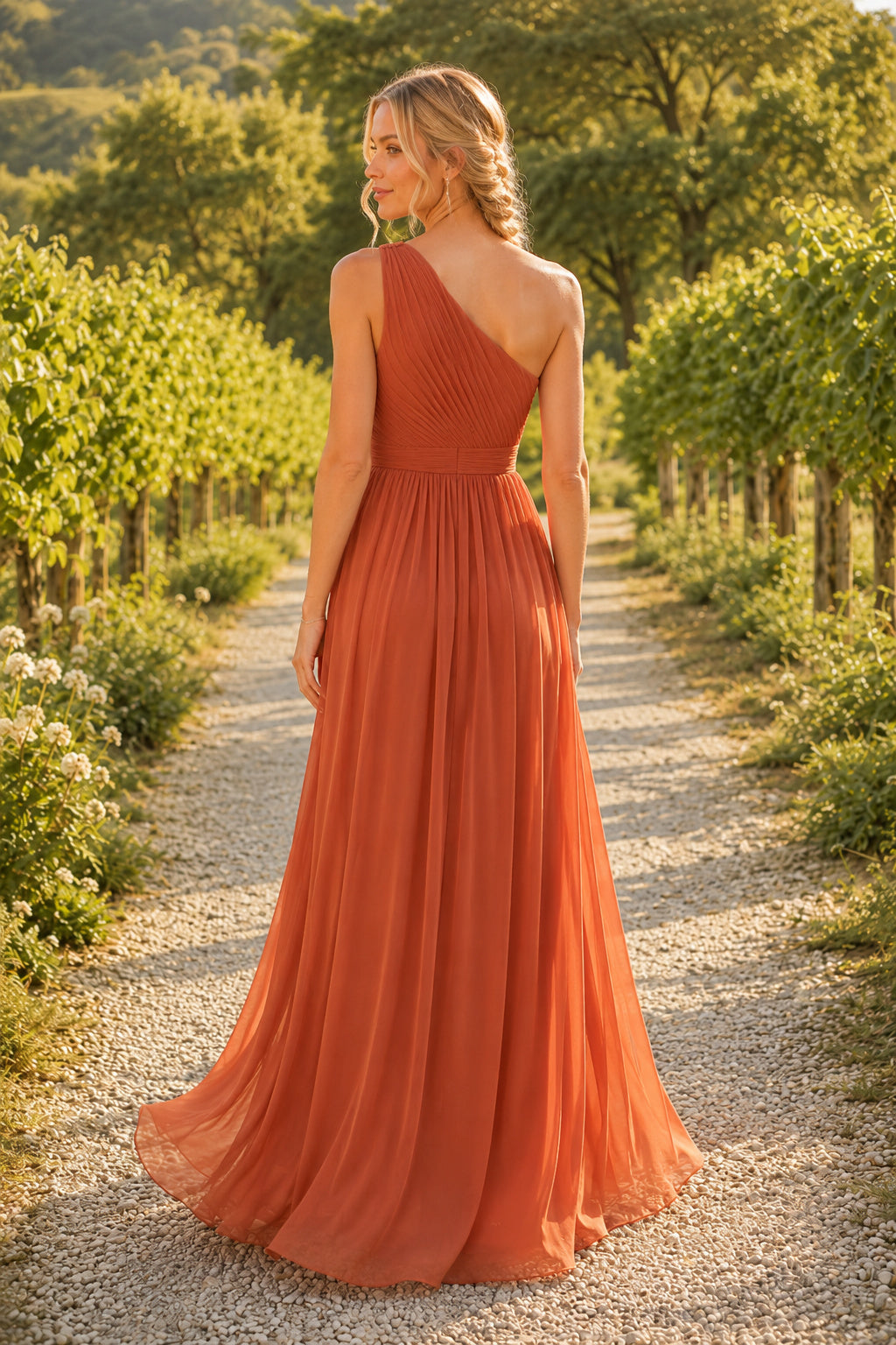 Papaya One-Shoulder Chiffon A-Line Bridesmaid Dress with Front Slit and Pleated Bodice back view