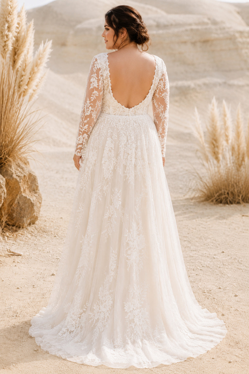 Plus Size Ivory V-Neck Long Illusion Sleeve Lace Tulle A-Line Wedding Dress with Long Lace Sleeves and Sweep Train back view