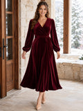 Burgundy V Neck Poet Sleeve Velvet A Line Midi Wedding Guest Dress front view