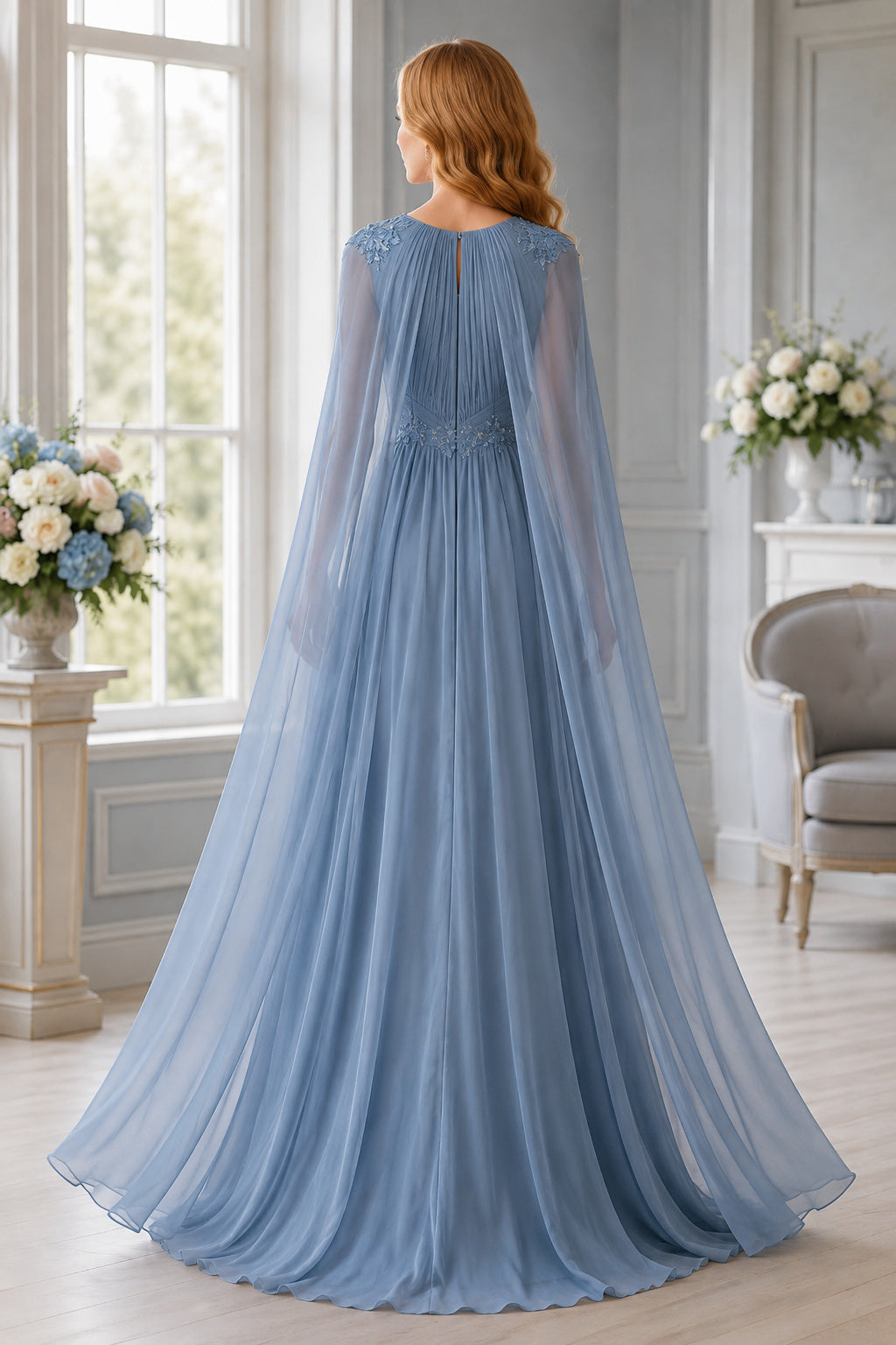 Sky Blue Chiffon A-Line Mother of the Bride Dress with Cape Sleeves and Applique Bodice back view