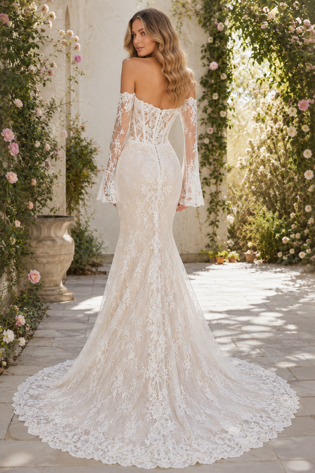 Ivory Sexy Off-the-Shoulder Mermaid Allover Lace Wedding Dress with Long Lace Sleeves and Chapel Train back view
