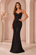 Black Spaghetti Strap Sequin Mermaid Prom Dress with Low Back front view