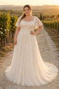 Ivory Plus Size Square Neck Lace A-Line Wedding Dress with Short Sleeves and Sweep Train front view