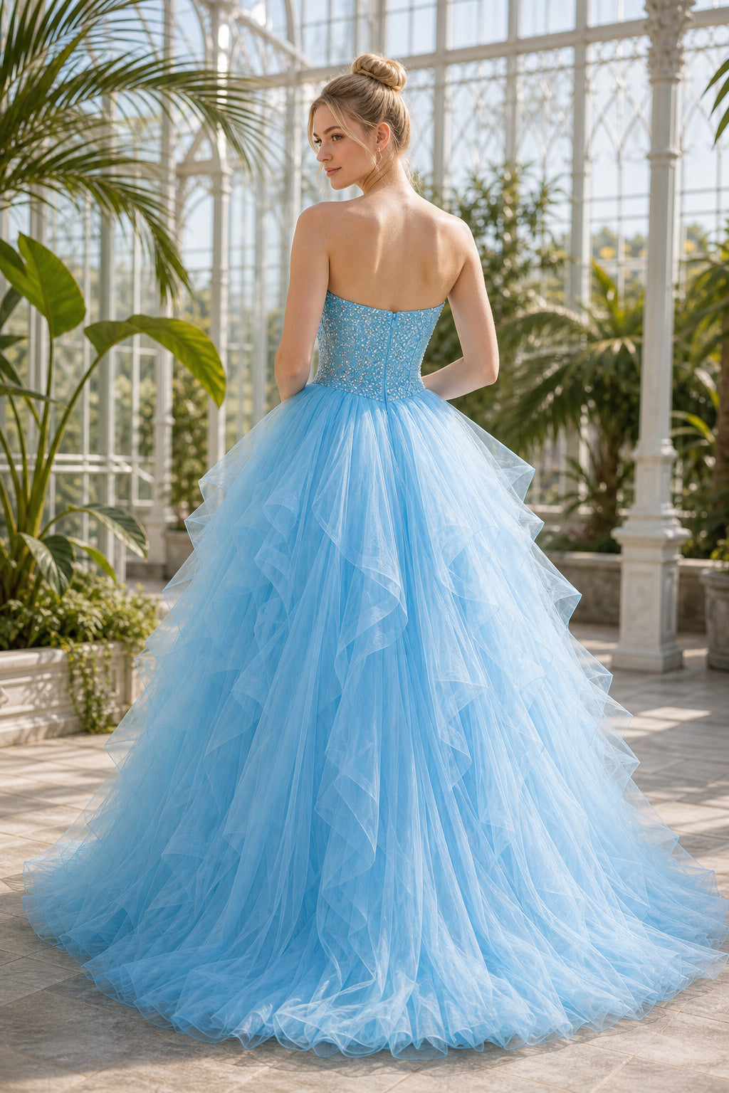 Sky Blue Strapless Sweetheart Ball Gown Tulle Floor-Length Dress With Ruffle Skirt