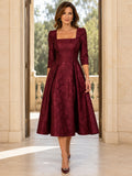 Burgundy Square Neck Brocade Formal Midi Dress front view