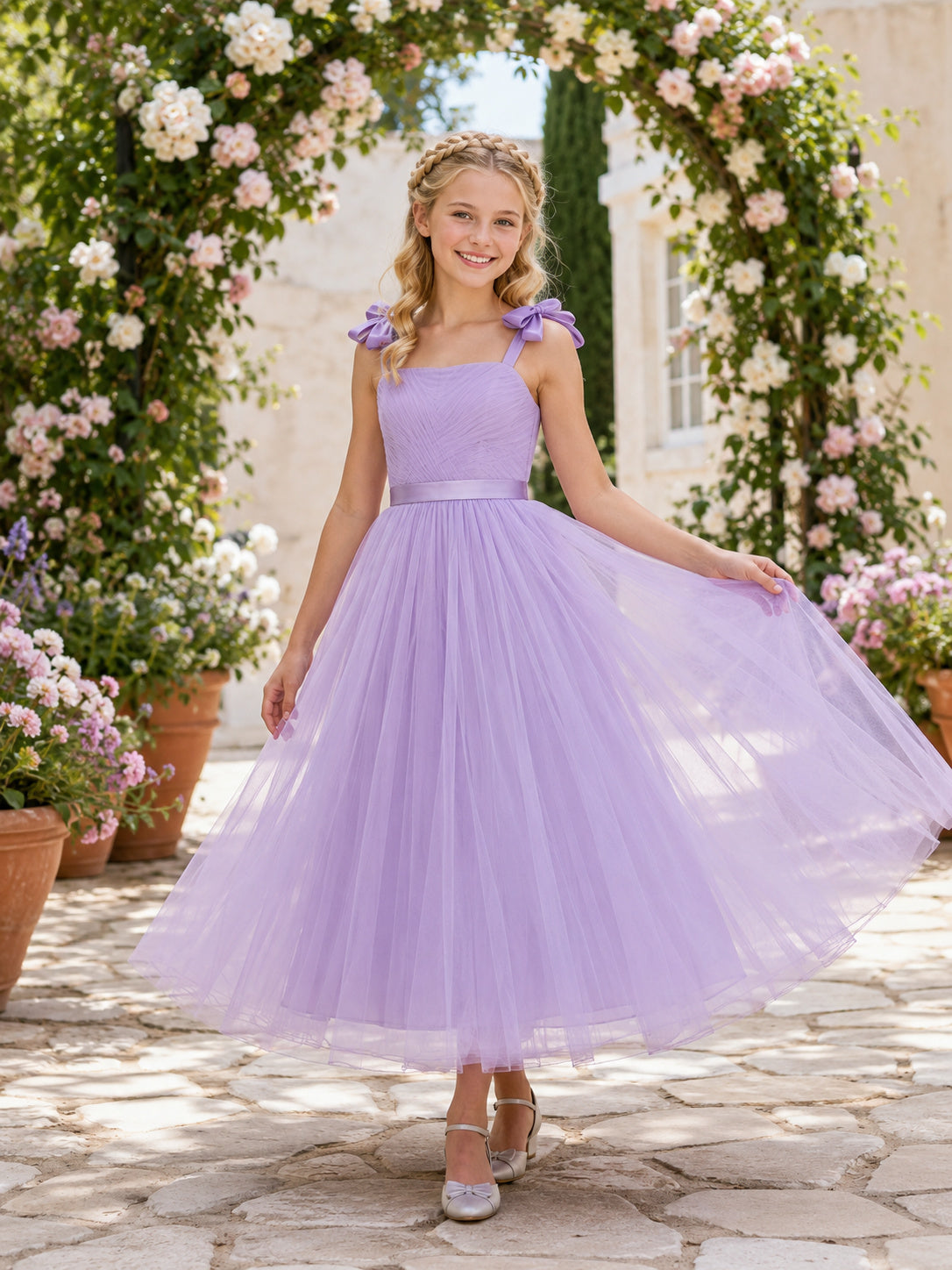 Lavender Straps Tulle Ankle-Length A-Line Bow Garden Romantic Flower Girl Dress front view