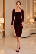 Dark Green Long Sleeve Cocktail Sheath Dress front view