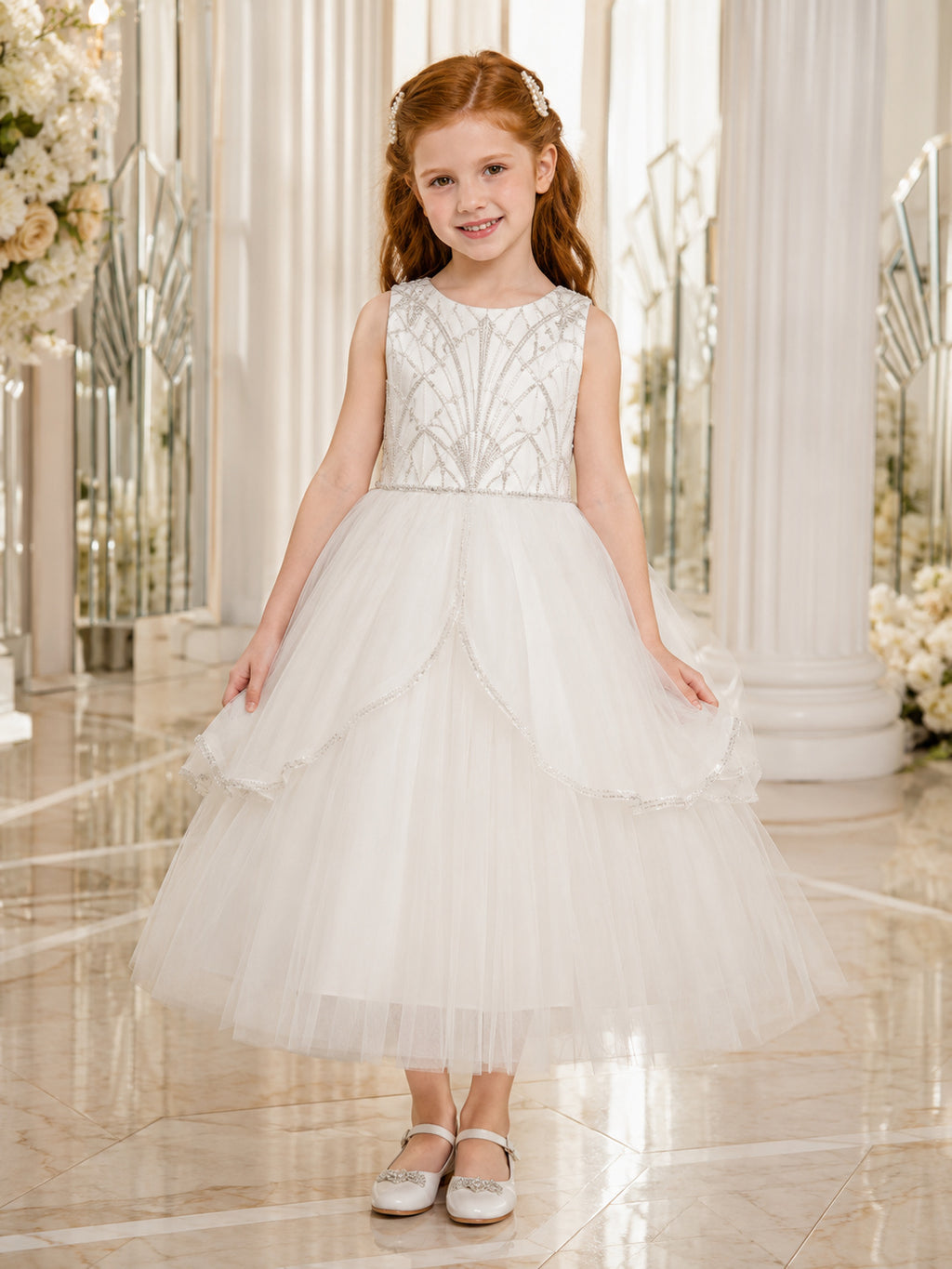 White Flower Girl Dress with Silver Beaded Sleeveless Bodice, Ankle-Length A-Line Tulle Skirt and Curved Tiered Overskirt fro