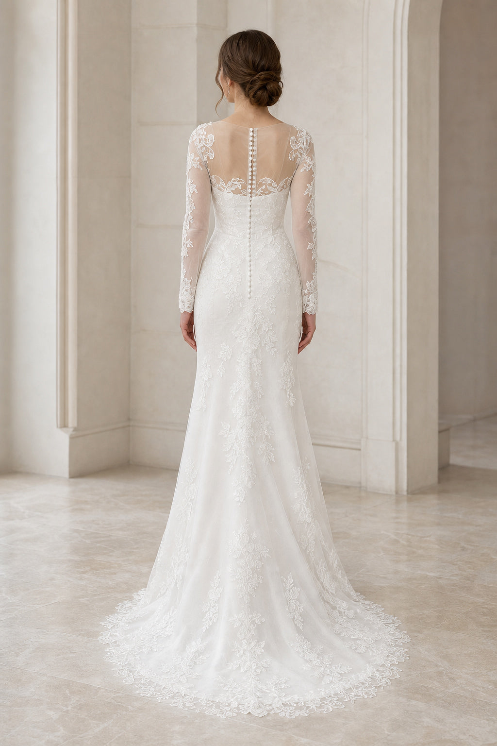 White Scoop Three-Quarter Sleeves A-Line Chiffon Floor-length Wedding Dress With Sweep Train and Open Back and Open Back