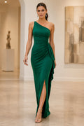 Dark Green one shoulder stretch satin sheath gown with side drape and thigh slit Floor-length Sheath Prom Dress front view