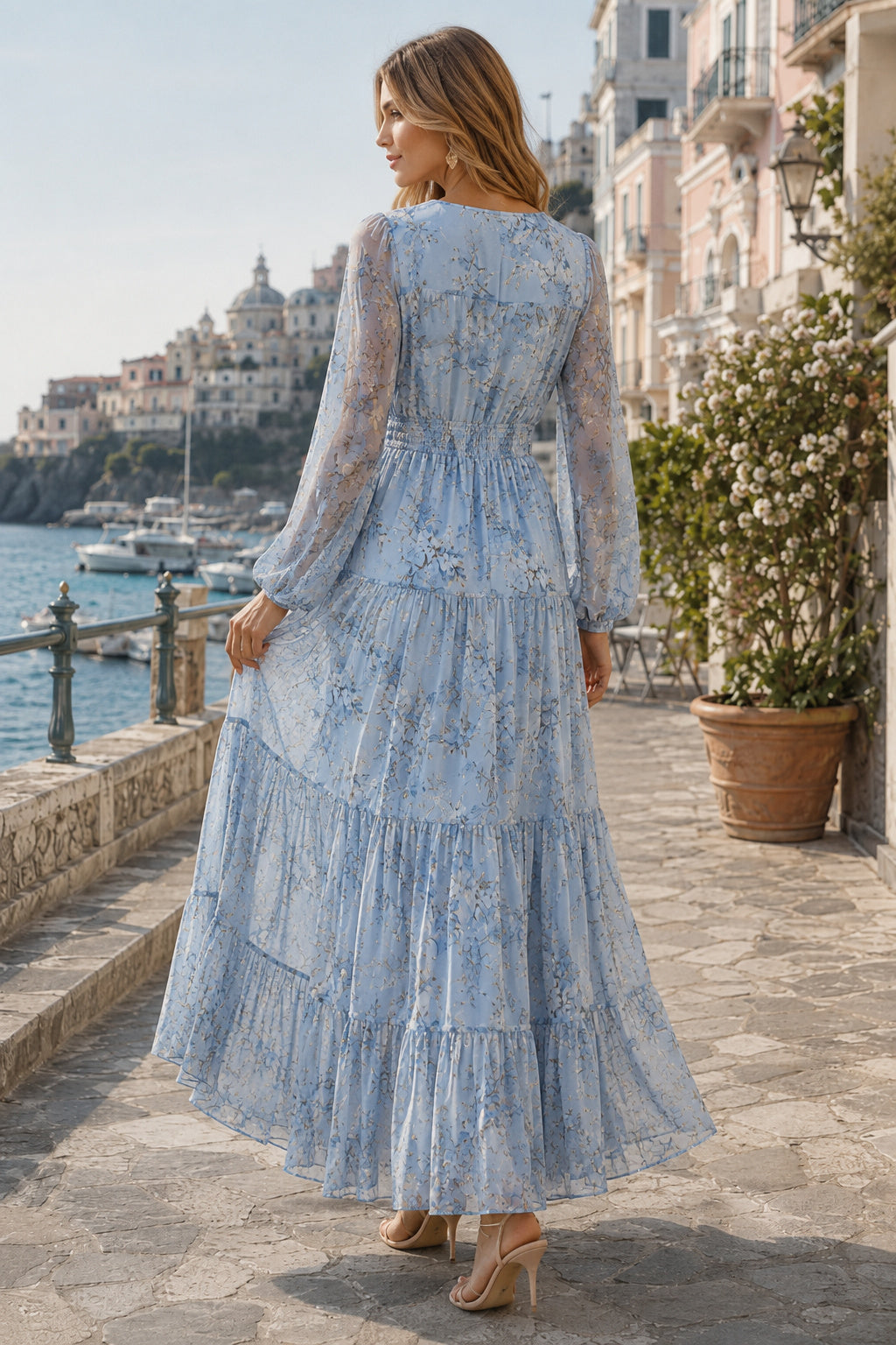Sky Blue Destination Wedding Guest Sheath Dress back view