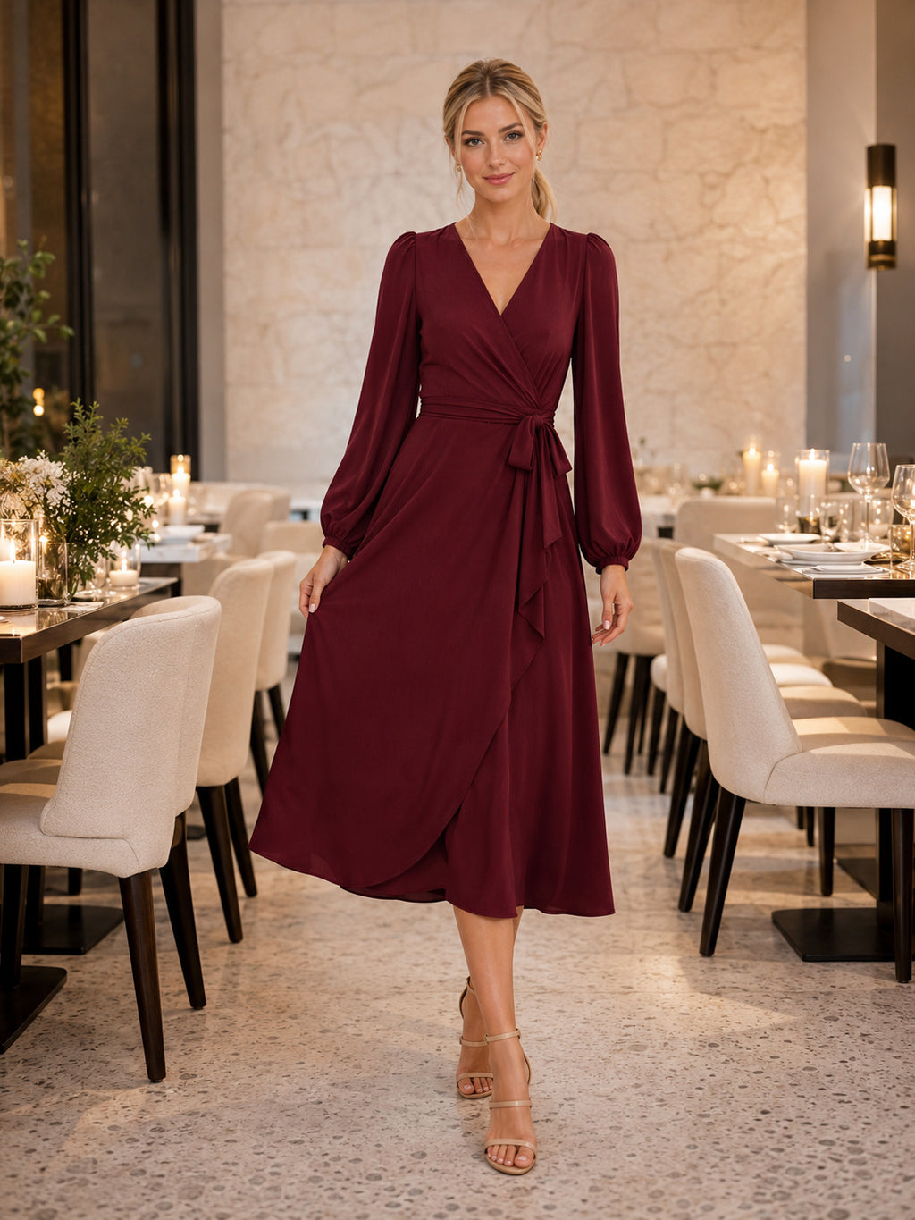Burgundy long sleeve wrap A-line restaurant dinner midi dress front view