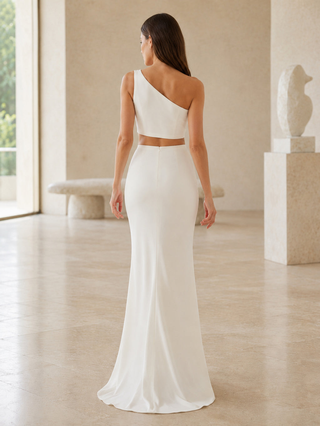 One Shoulder Crepe Crop Top Column Gallery Bridal Set back view