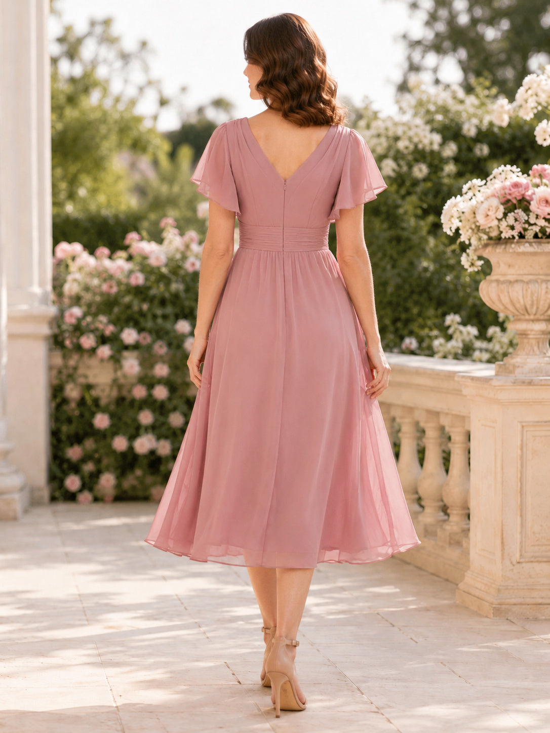 Blush V Neck Flutter Sleeve Chiffon Cocktail Dress back view