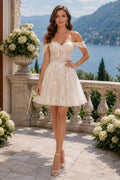 Ivory Off Shoulder Lace Tulle A-Line Short Wedding Dress Style 720116 front view