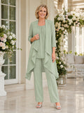 Sage Long Waterfall Simple Mother of the Bride Pantsuit with Scoop Neck Three-Quarter Chiffon Jacket Pointed Hem and Straight