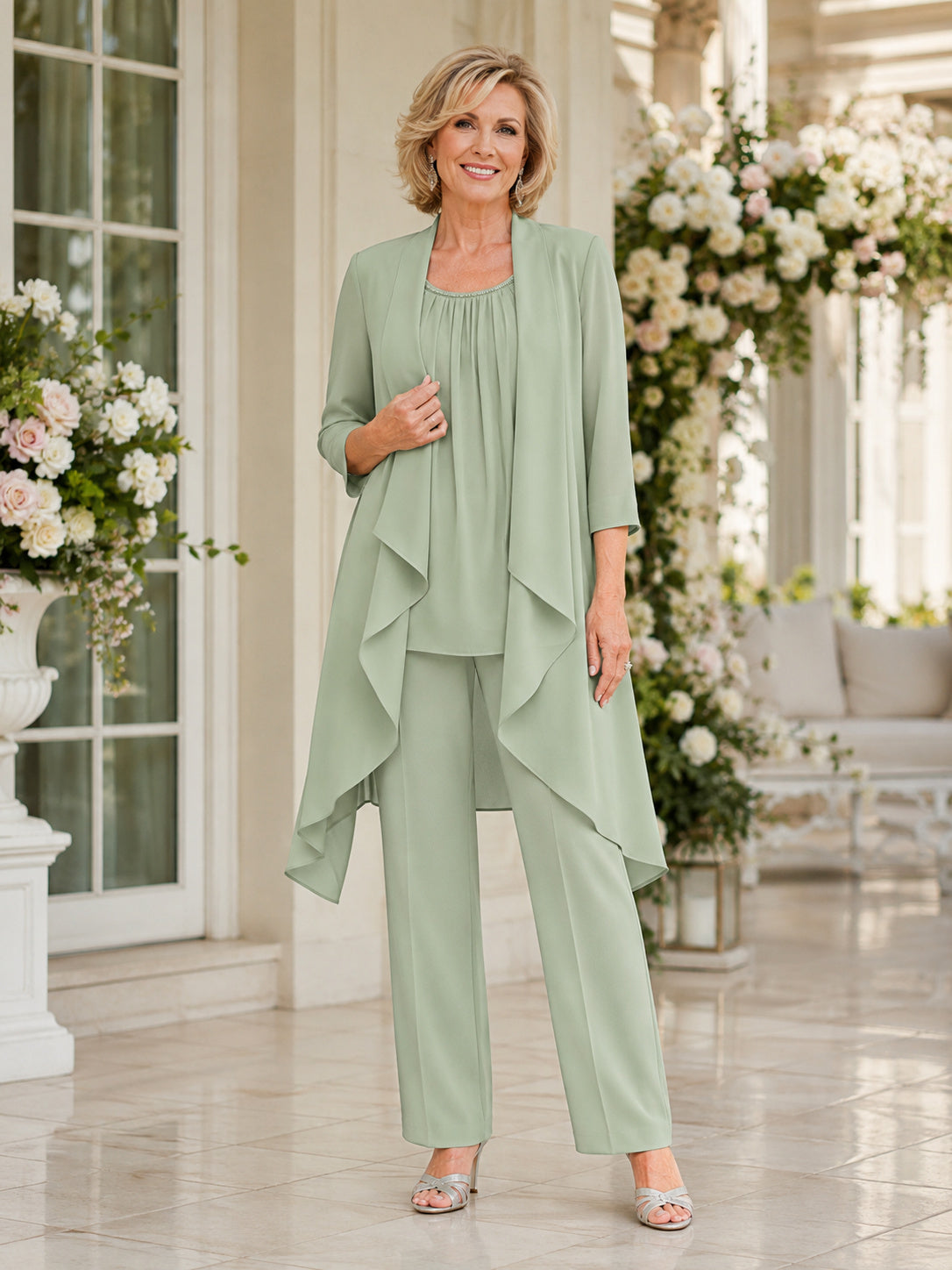 Sage Long Waterfall Simple Mother of the Bride Pantsuit with Scoop Neck Three-Quarter Chiffon Jacket Pointed Hem and Straight