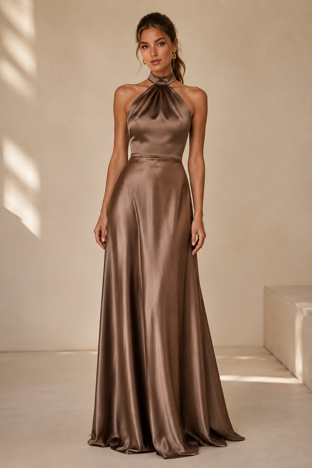 Brown Halter Satin A-Line Formal Dress with Cowl Neckline front view