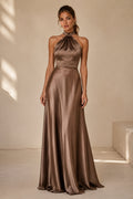 Brown Halter Satin A-Line Formal Dress with Cowl Neckline front view