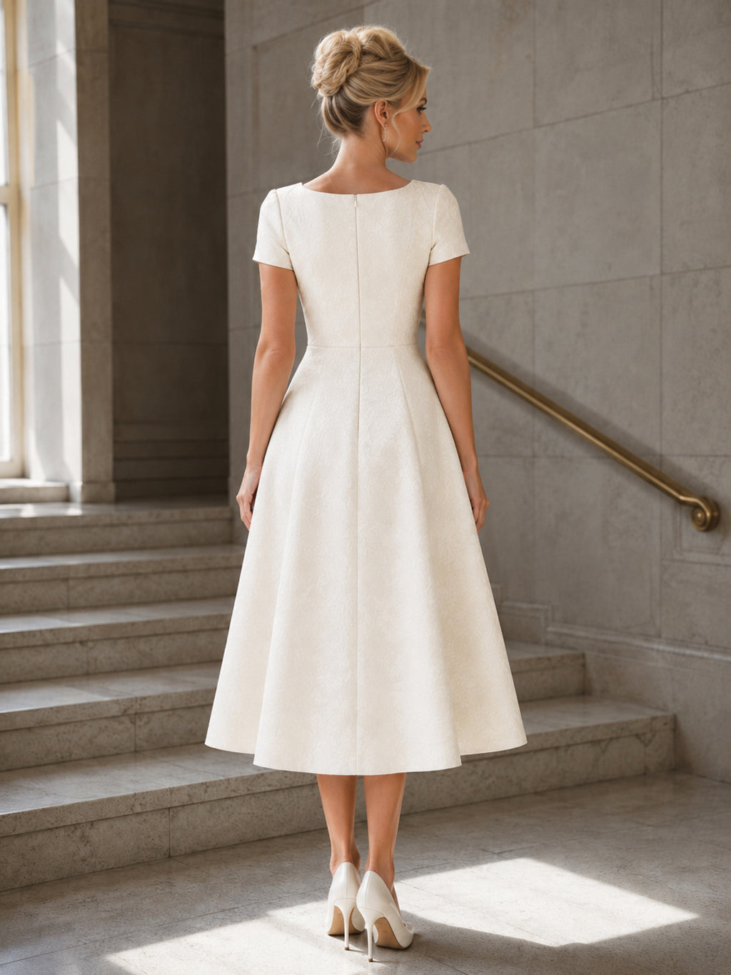 Tailored Square Neck Short Sleeve Satin A-Line Tea-Length Courthouse Wedding Dress back view