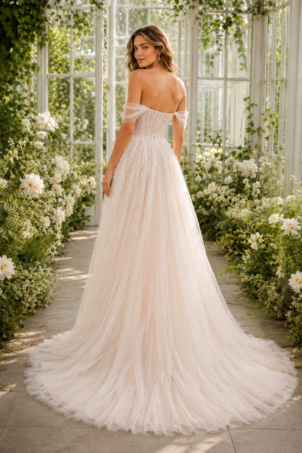 Blushing Pink Off-the-Shoulder Tulle Ball Gown Wedding Dress with Lace Bodice back view