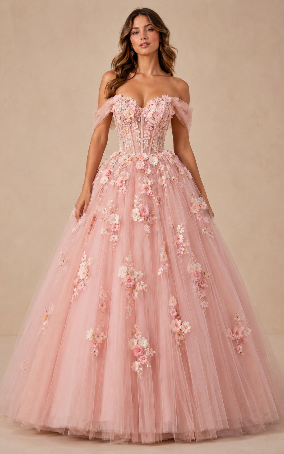 Blush Pink Tulle Ball Gown Prom Dress Off Shoulder 3D Floral Applique front view