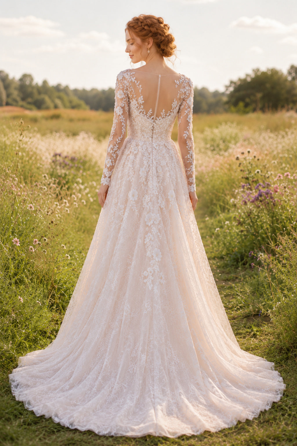 Blushing Pink Long Sleeve Lace A-Line Wedding Dress with Illusion Back back view