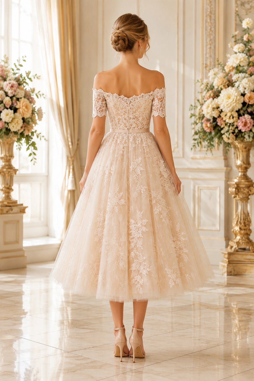 Champagne Off Shoulder Lace Bodice with Tea Length Tulle Skirt Tea Length A-Line Wedding Dress back view