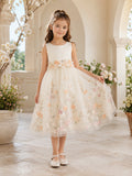 Floral Embroidered Sleeveless Tulle A-Line Tea-Length Garden Formal Flower Girl Dress front view