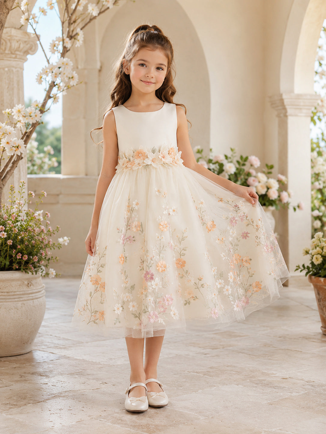 Floral Embroidered Sleeveless Tulle A-Line Tea-Length Garden Formal Flower Girl Dress front view